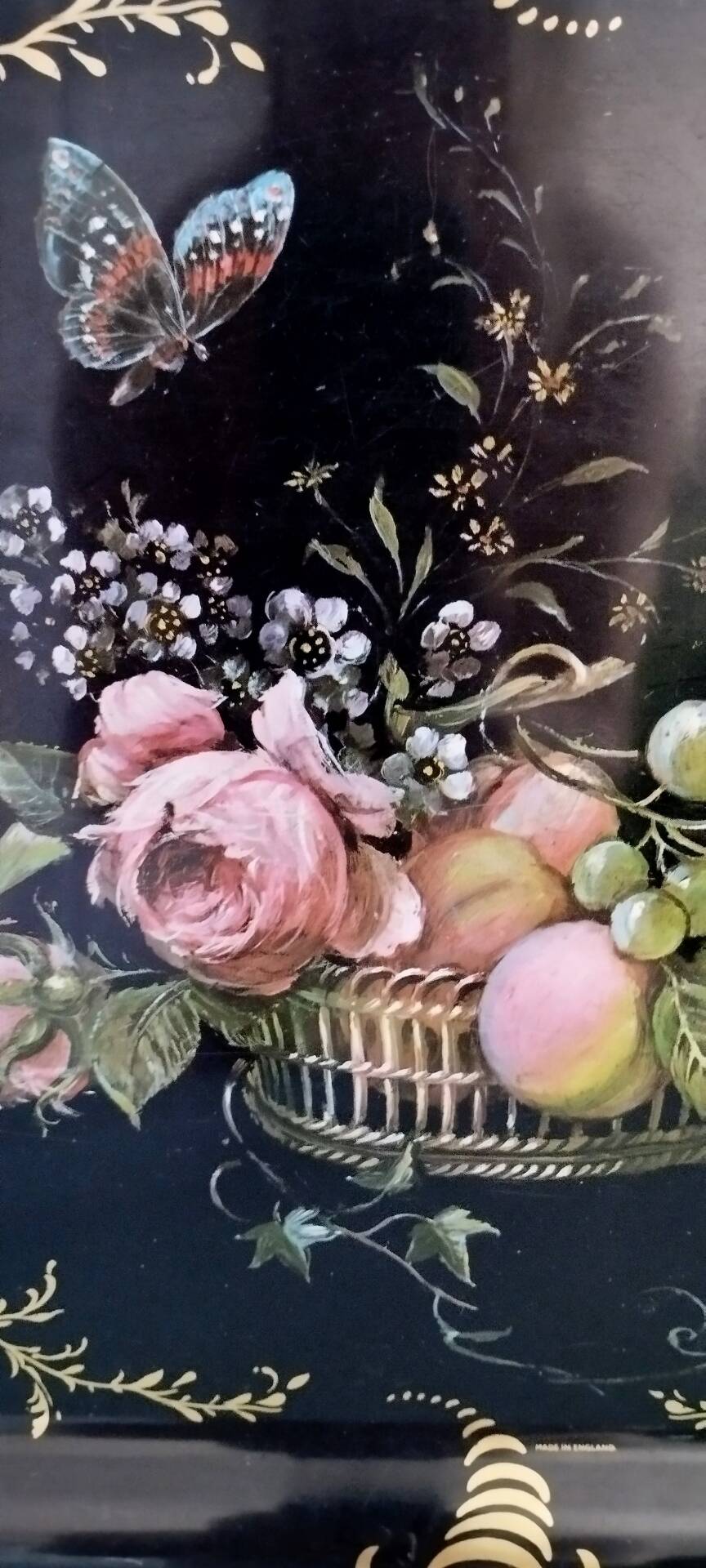 Large English tray painted with flowers and fruits.