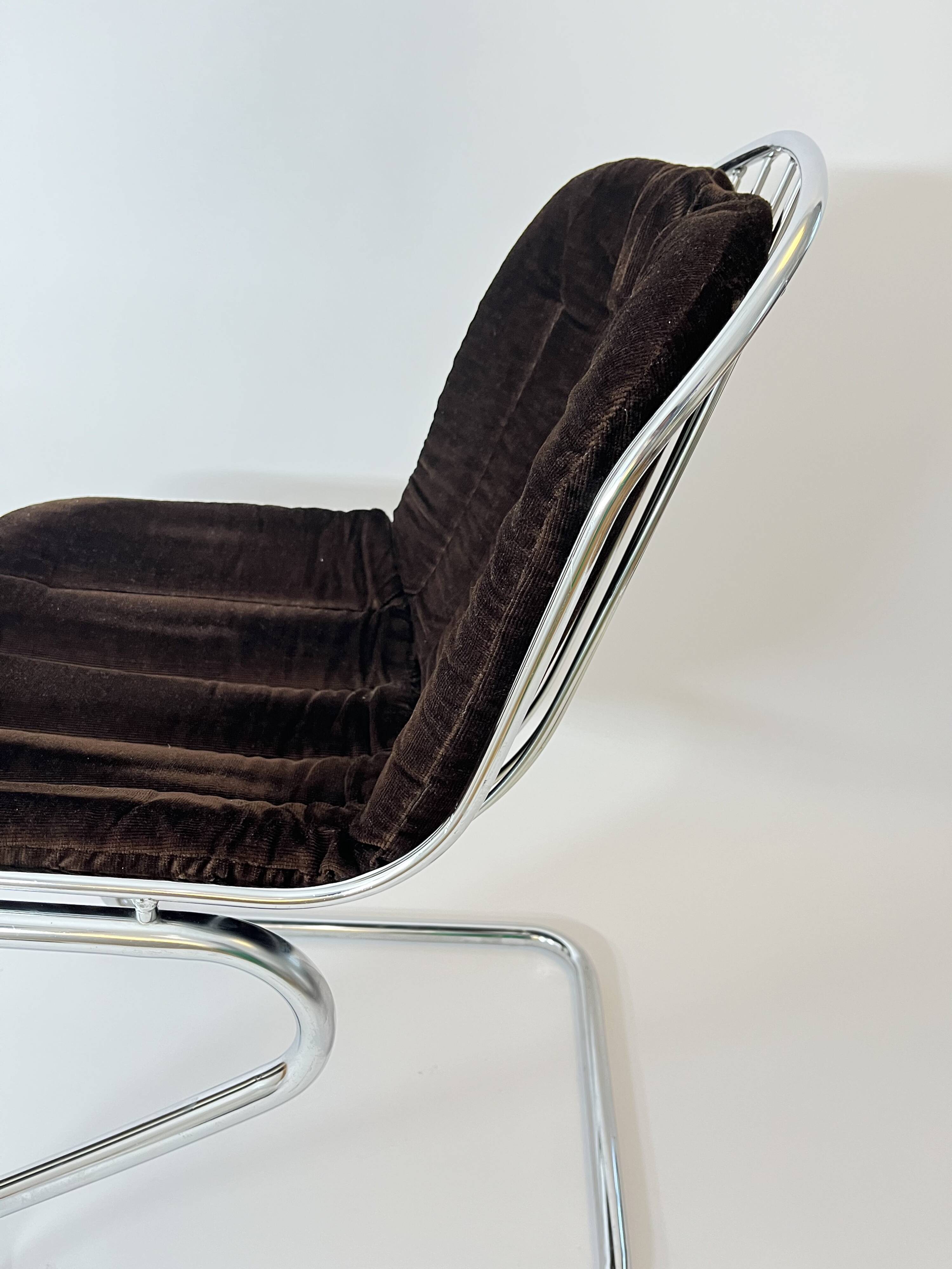 Vintage Metal Dining Chairs Brown Velvet Cushions, Italy, 1970s, Set of 3