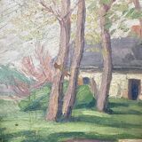 Old oil on canvas, wooded landscape with house, gilded frame.