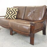 Mid century vintage boho 2-seater sofa with leather cushions