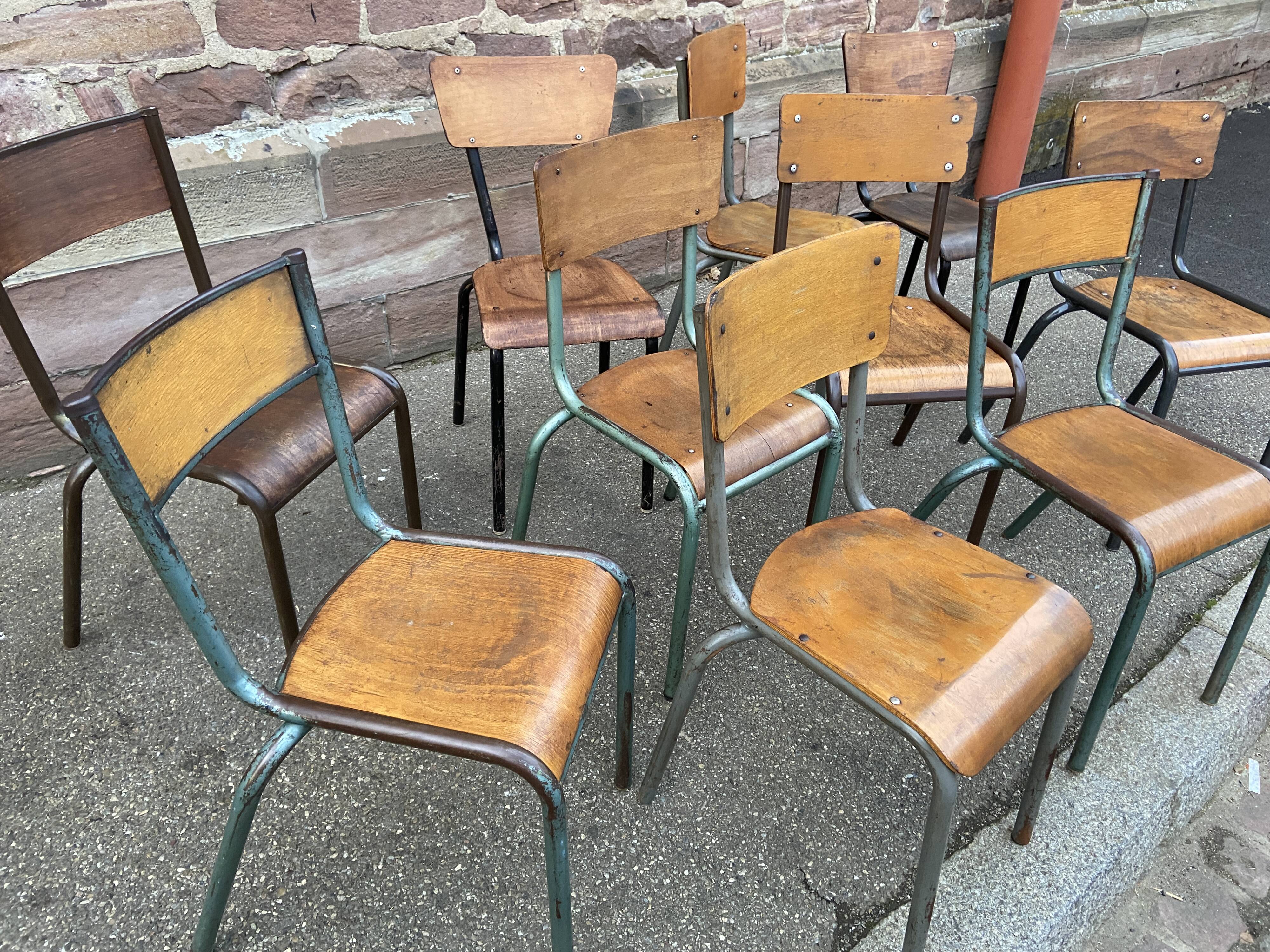 Set of 10 vintage mismatched industrial chairs mullca