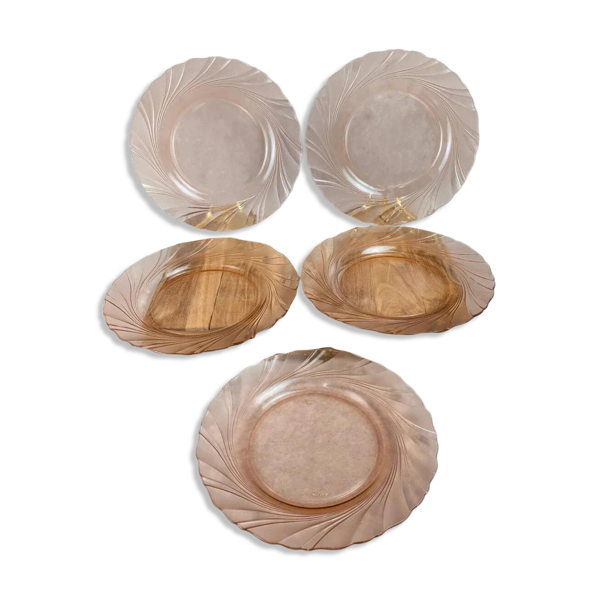 Lot de 5 assiettes vintage en verre rose Véreco
