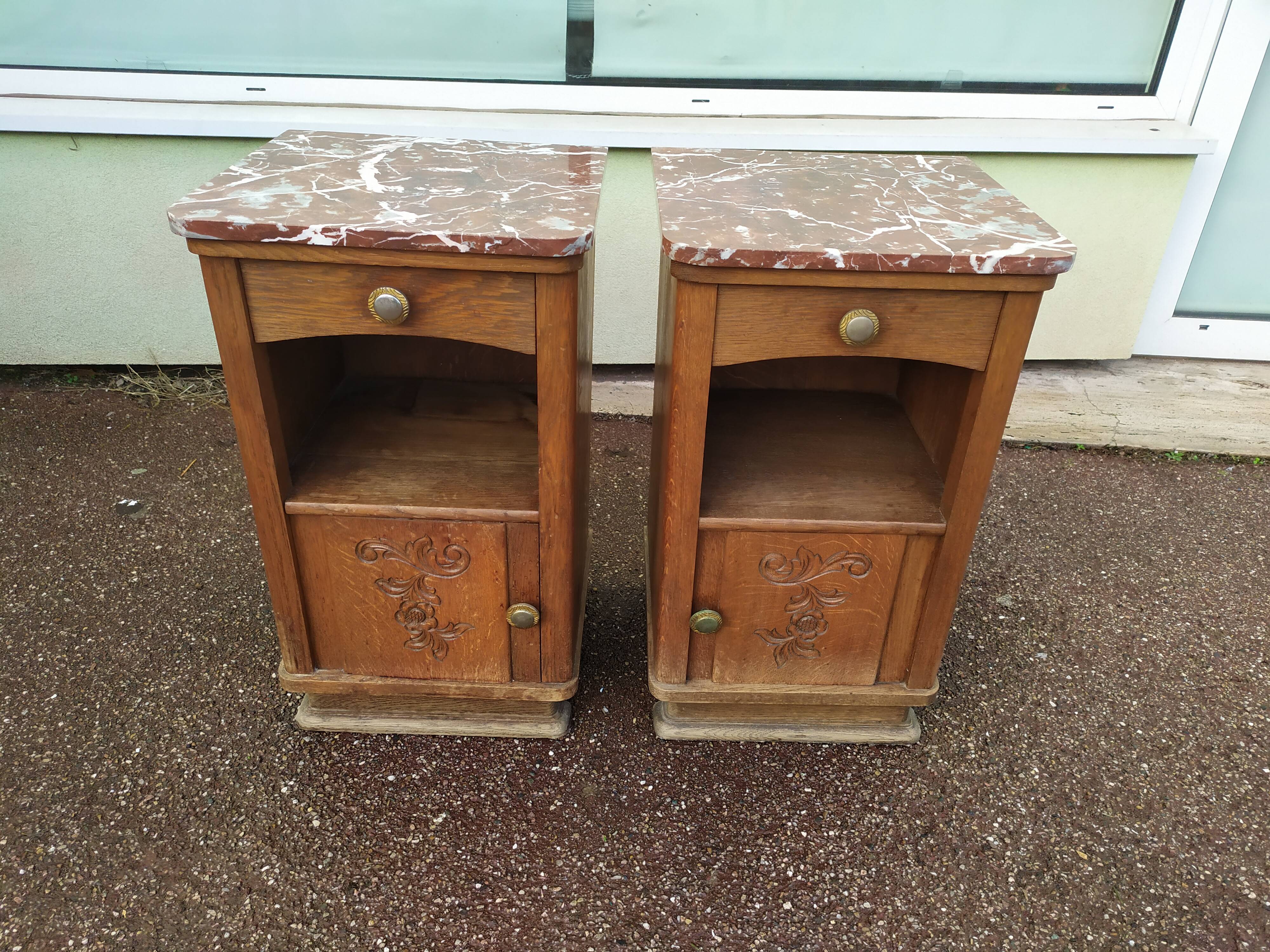 Set of 2 1950 Wood and Marble Bedside Tables