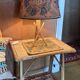 Rattan and bamboo lamp with printed fabric shade.