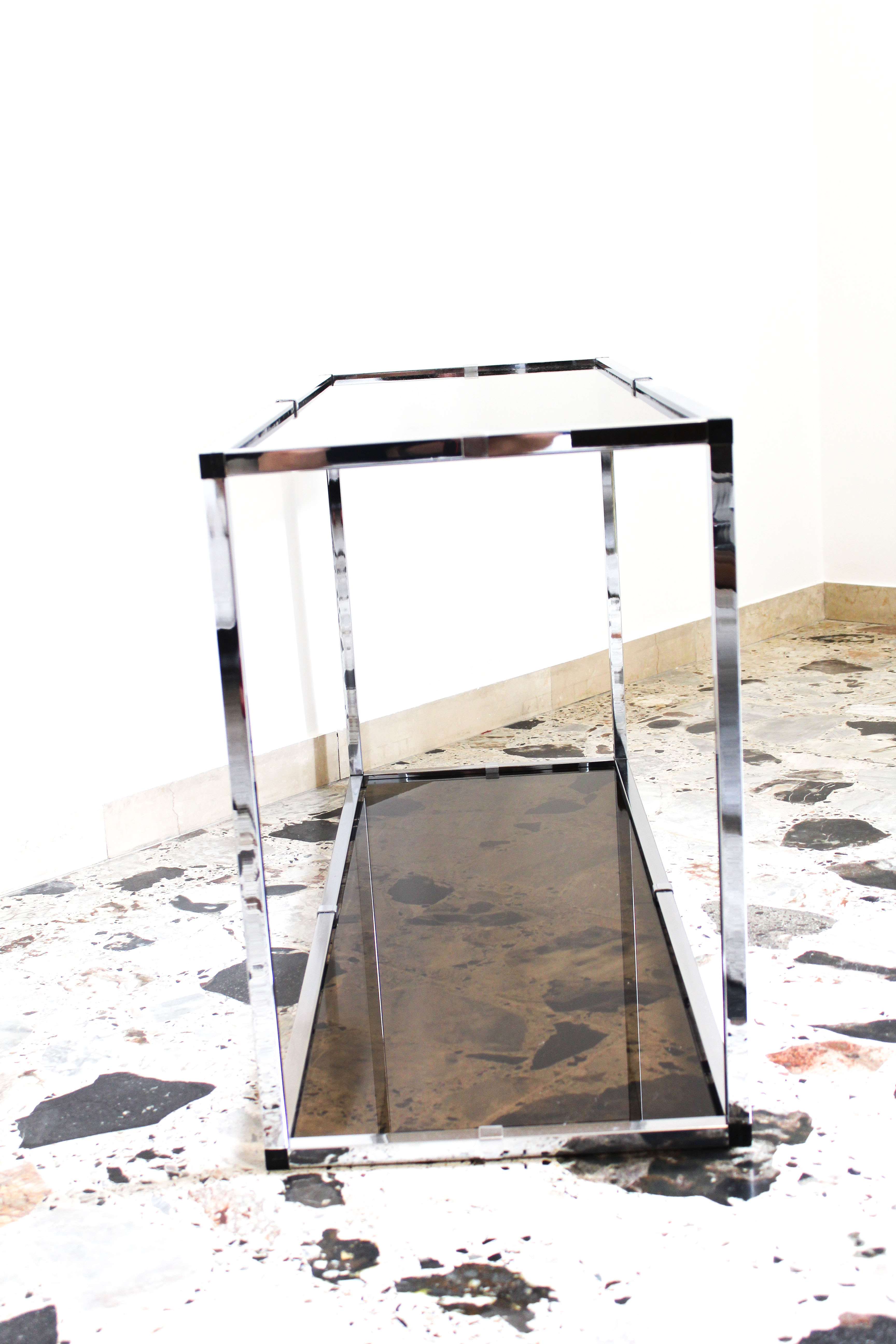 Console in chromed metal and smoked glass, Italy 70's