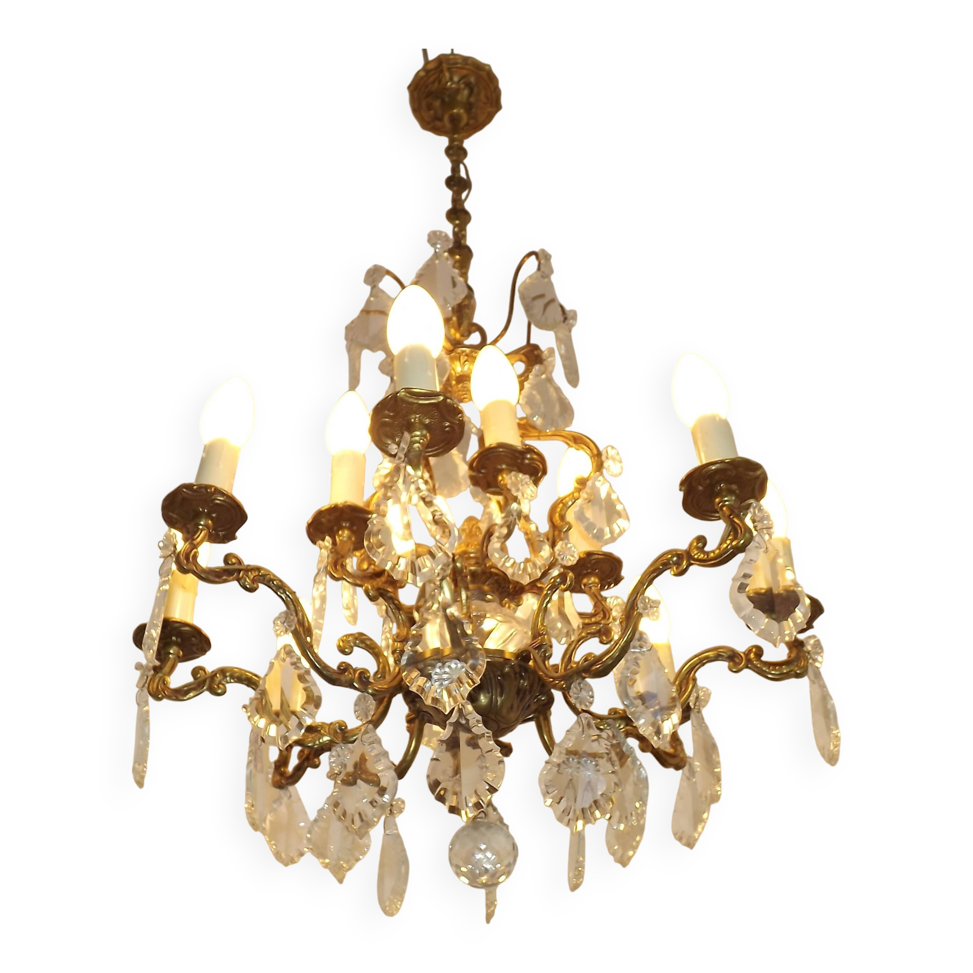 Lustre Cage 12 Lights Art Nouveau Bronze Glass and Crystal 5226