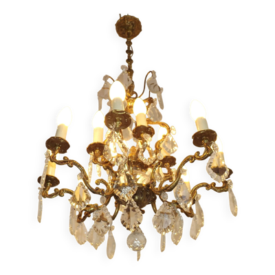 Lustre Cage 12 Lumières Art Nouveau Bronze Verre et Cristal 5226