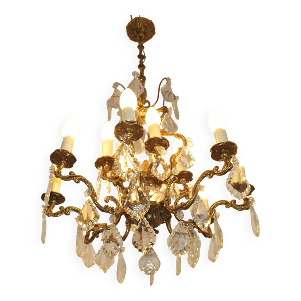 Lustre Cage 12 Lumières Art Nouveau Bronze Verre et Cristal 5226 — Beyit