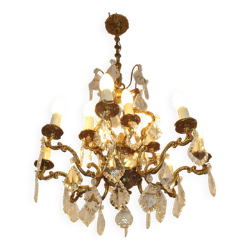 Lustre Cage 12 Lumières Art Nouveau Bronze Verre et Cristal 5226