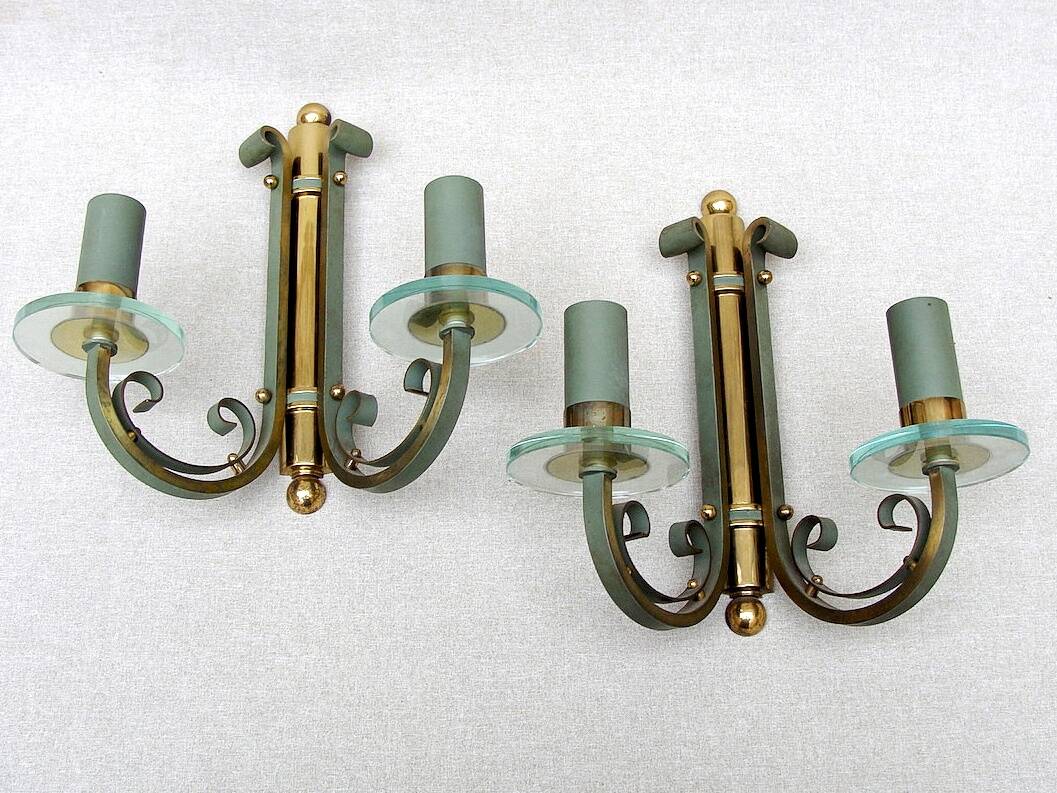Pair of art deco lacquered metal, brass and glass wall lights