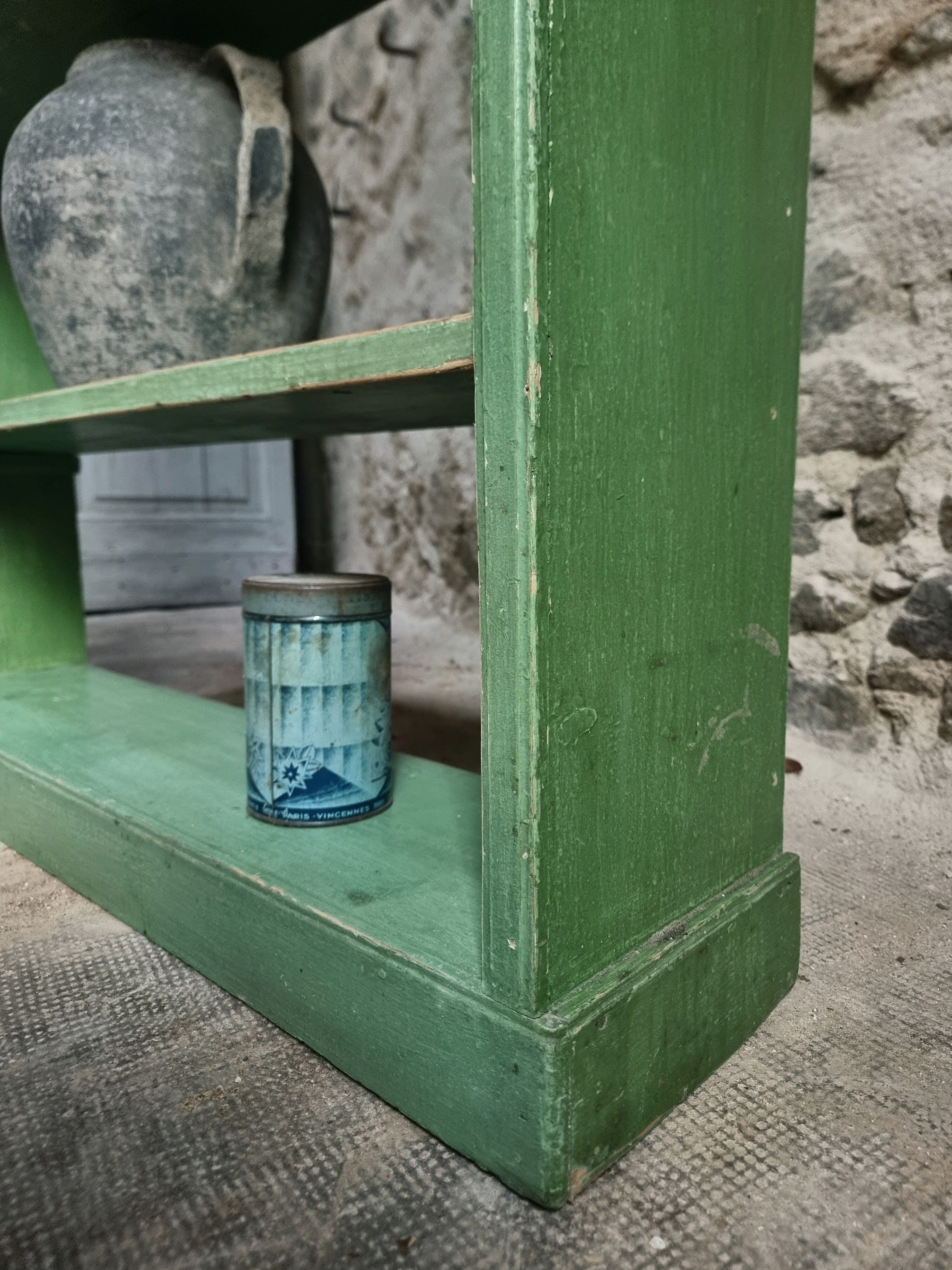 Vintage open pine shelf, original sage green paint, circa 1900–1930.