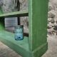 Vintage open pine shelf, original sage green paint, circa 1900–1930.