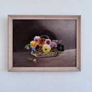 Vintage original flower oil painting, framed floral still life art