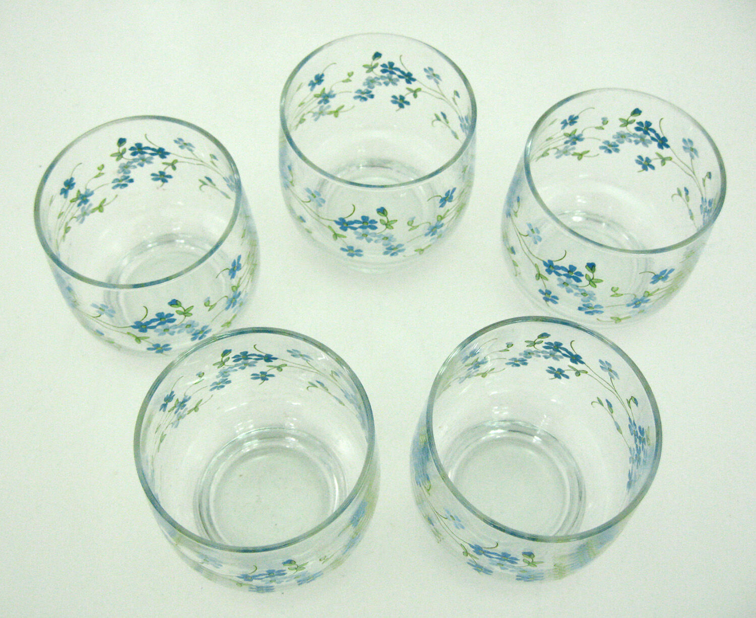 5 water glasses - decoration small blue flowers - Veronica Luminarc Arcoroc - vintage 80s