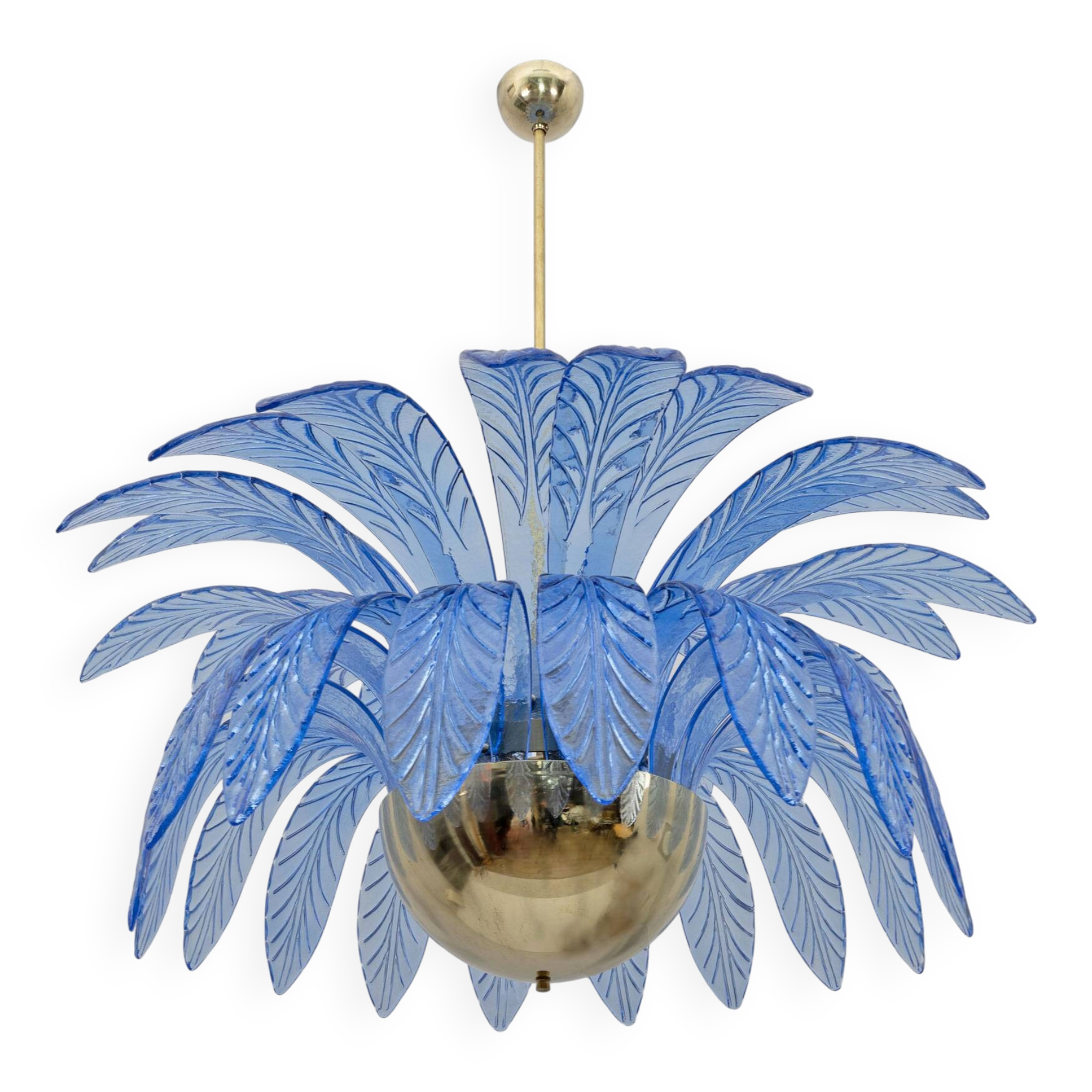 Mid-Century Modern Palm Leaves Big Chandelier Murano Glass and Brass