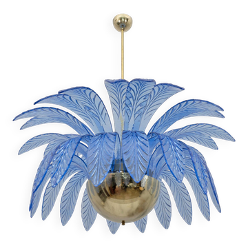 Mid-Century Modern Palm Leaves Big Chandelier Murano Glass and Brass