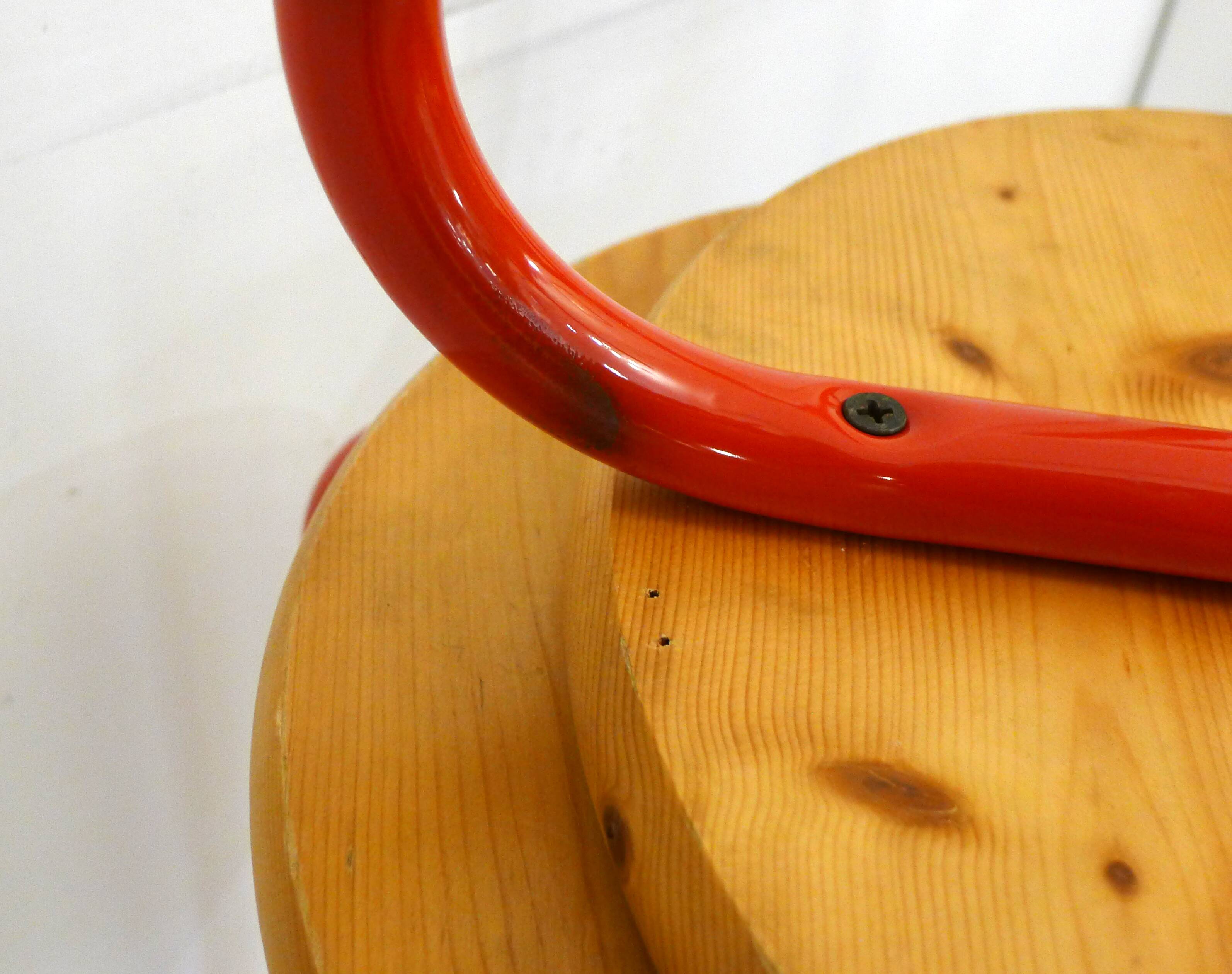 Pair of stools, red lacquered legs & wooden seat 1980s