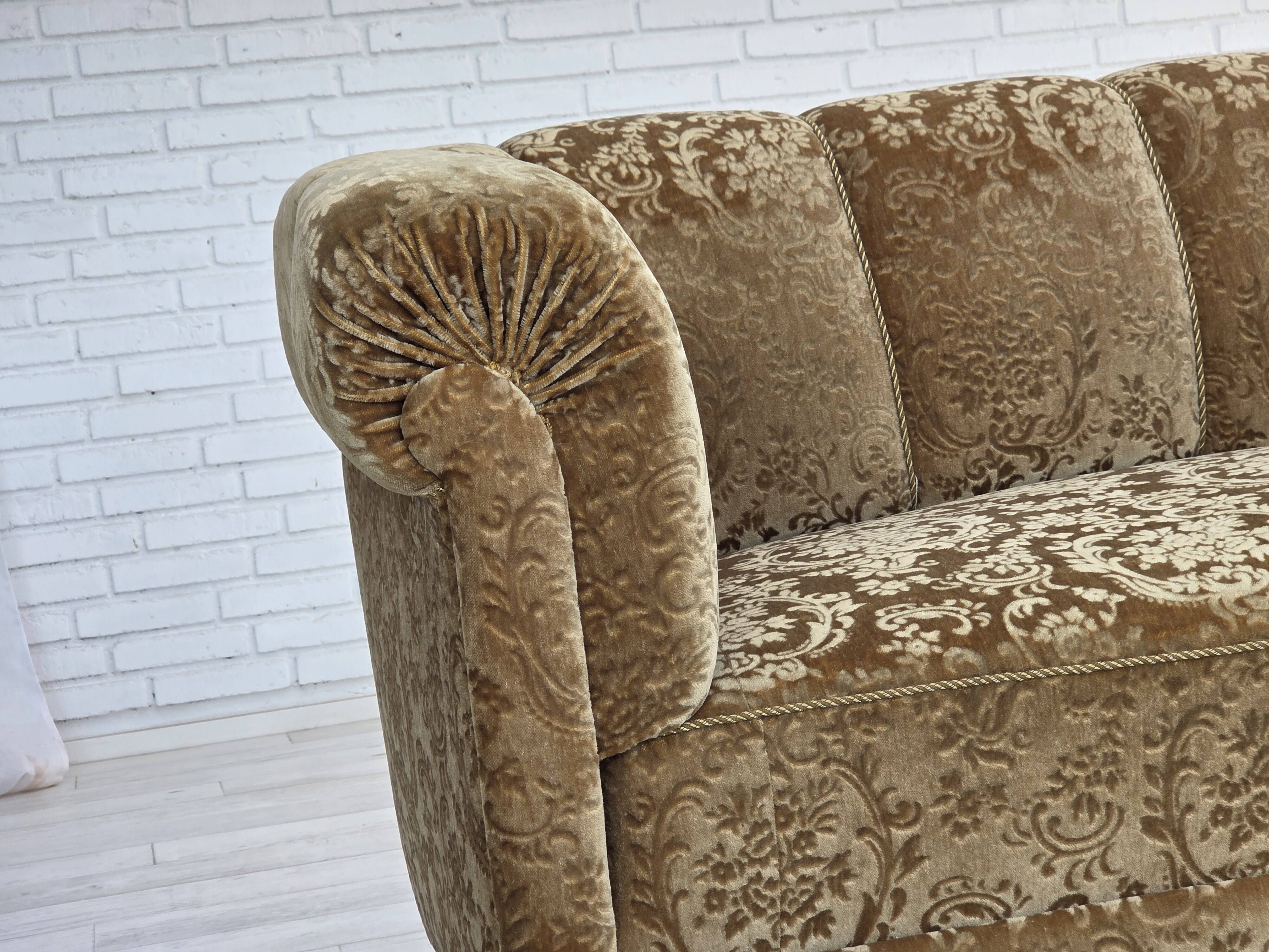 1960s, 3-seater Danish sofa, green furniture velour, ash wood legs.