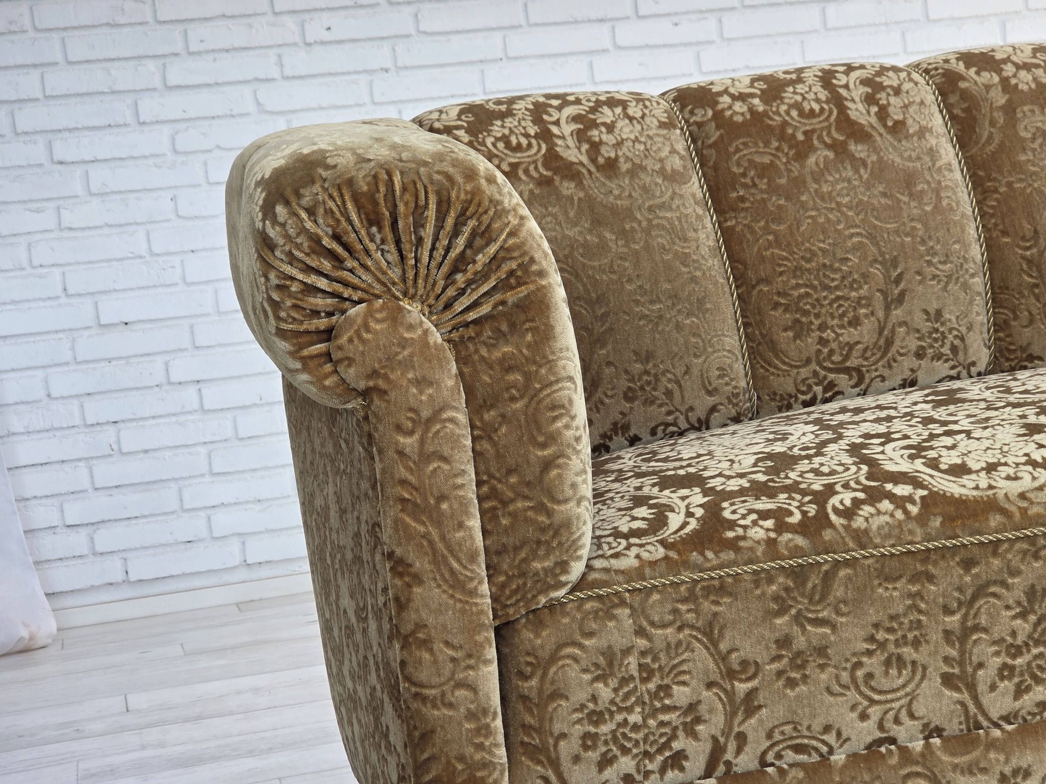 1960s, 3-seater Danish sofa, green furniture velour, ash wood legs.