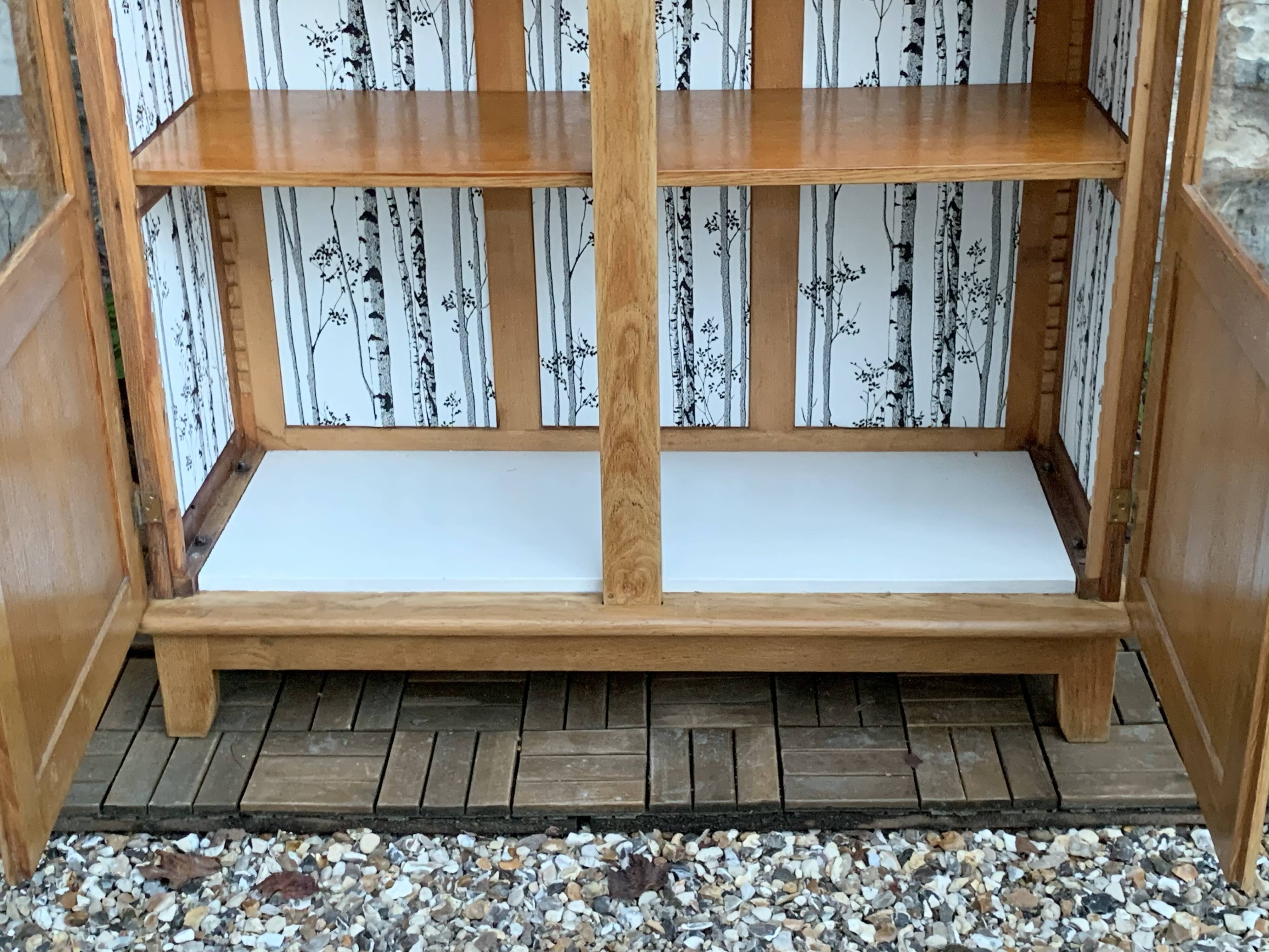 Solid raw oak school glass cabinet 1950