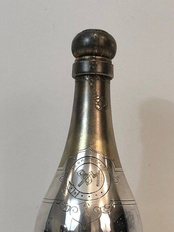 Rare silver-plated and brass shaker in the shape of a champagne bottle
