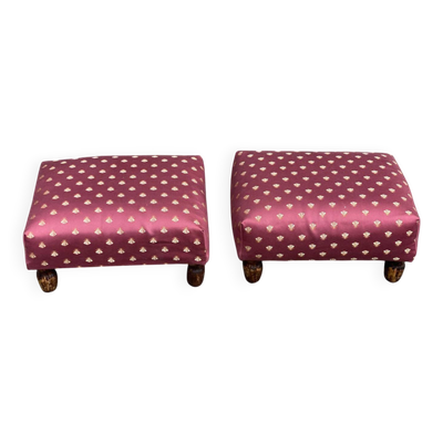 2 tabourets repose-pieds bas en tissu bordeaux et bois massif