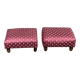 2 low footstools in burgundy fabric and solid wood