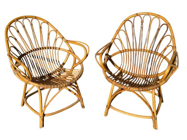 Set de 2 fauteuils en rotin des années 60 France