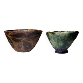 Pair of mismatched vintage "Wabi-Sabi" handcrafted ceramic/stoneware bowls