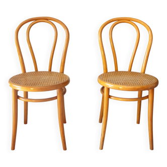 Pair of 1970s bistro chairs in bentwood and caning.