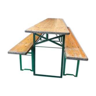 Lot one table and two vintage benches
