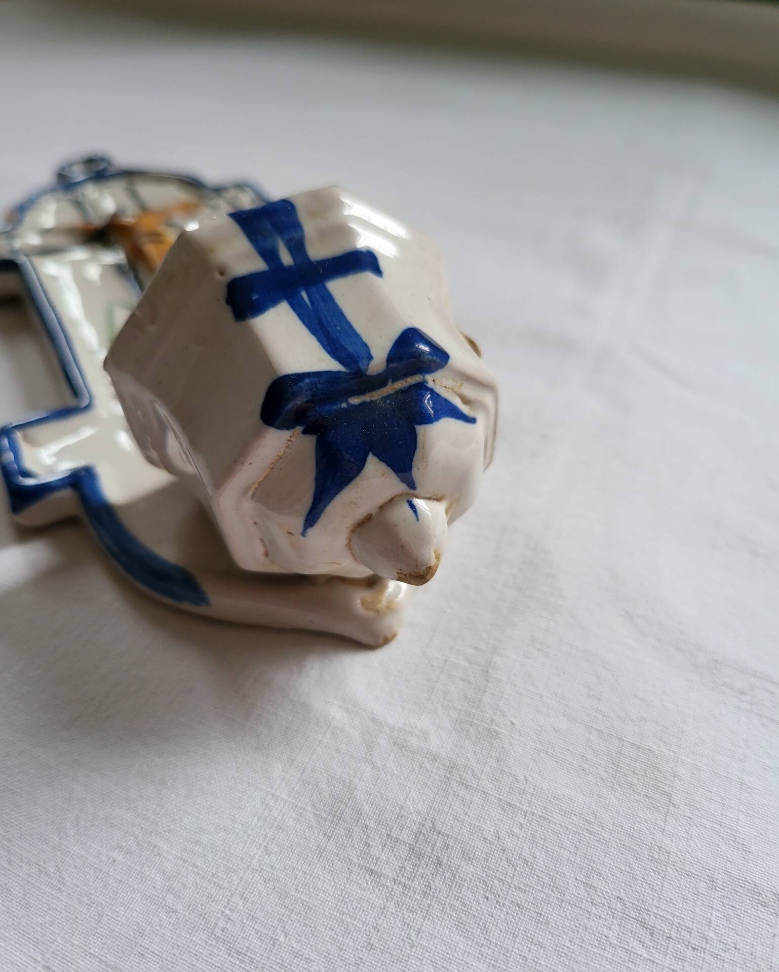 Old Faience Baptismal Font Enamelled Cross