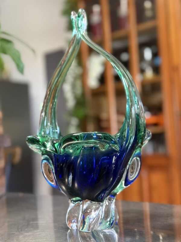Murano : panier centre de table en verre soufflé