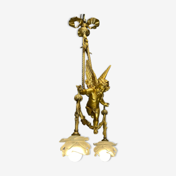 Old chandelier angel cherub bronze and gilded regulator, 1900