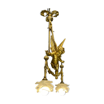 Suspension ancienne ange chérubin bronze et régule doré, 1900