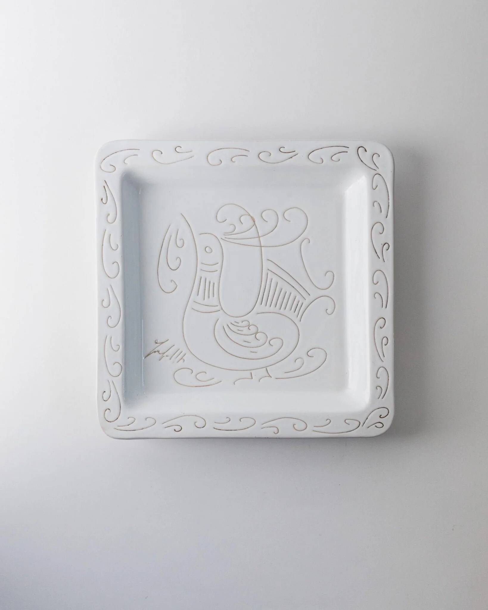 White Ceramic Plate with Etched Rooster Relief – Vintage Mid-Century Square Plate, Jacques Innocenti Style