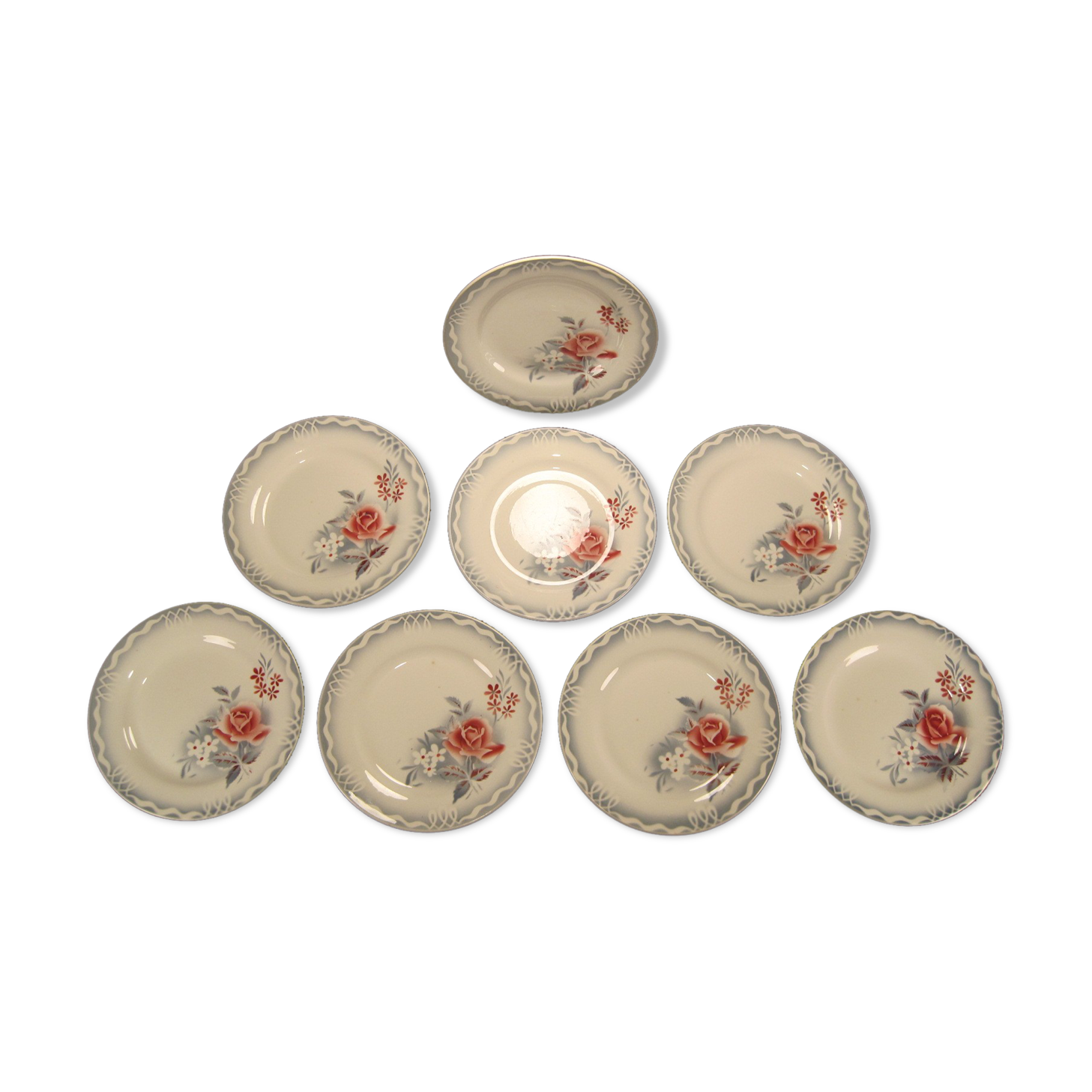 Lot 8 assiettes plates faïence de digoin sarreguemines décor de roses série olga