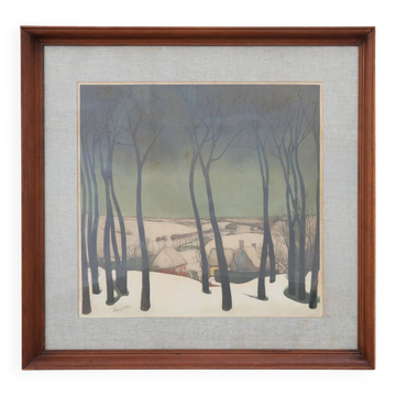 Valerius De Saedeleer Snowy Flemish Village Lithograph, Belgium ca. 1920