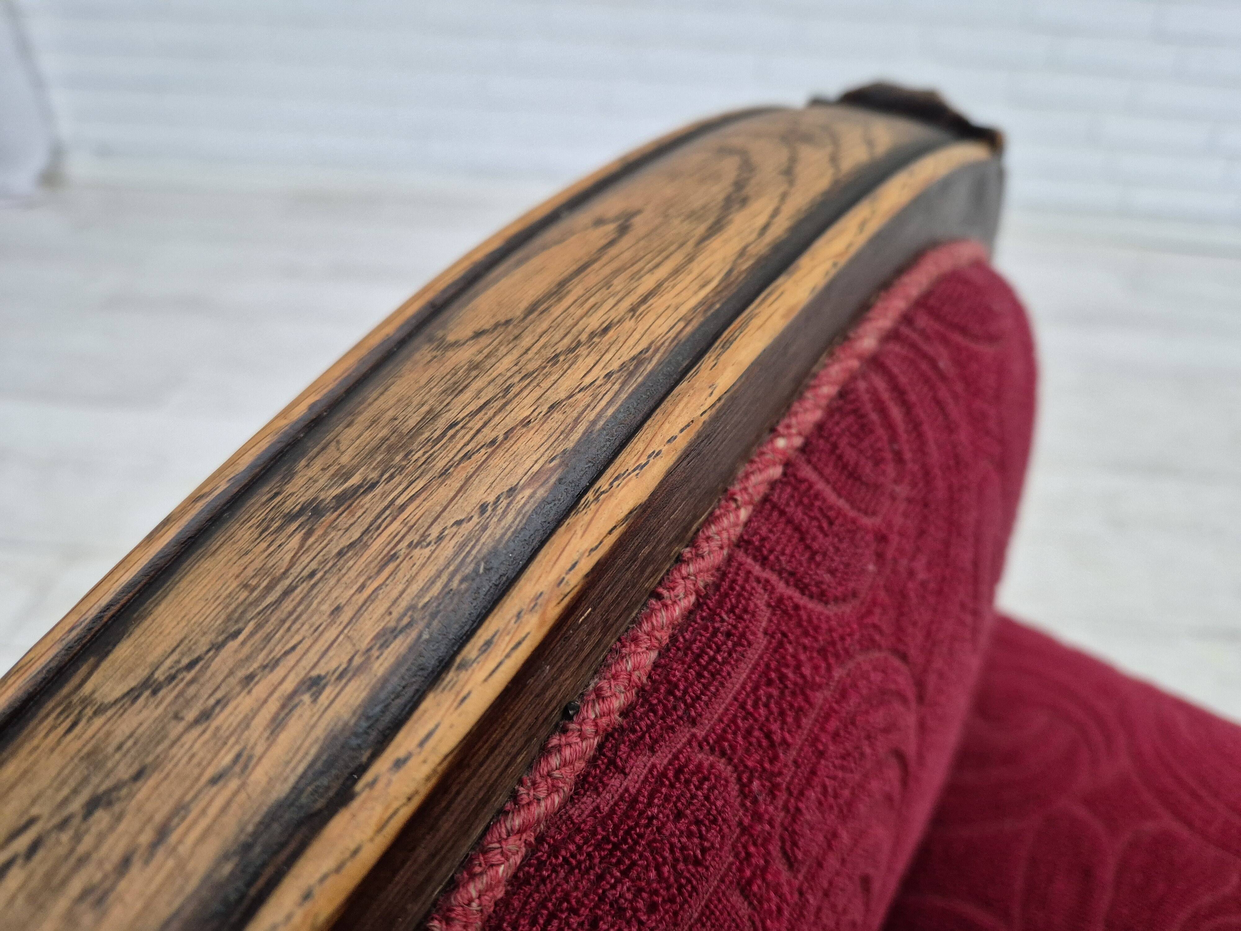 Fauteuil relax vintage danois des années 1950, tissu d'ameublement, bois de chêne, d'origine.