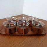 Swedish teak tray with tea cups by Jie Gantofta, 1960s, set of 7.