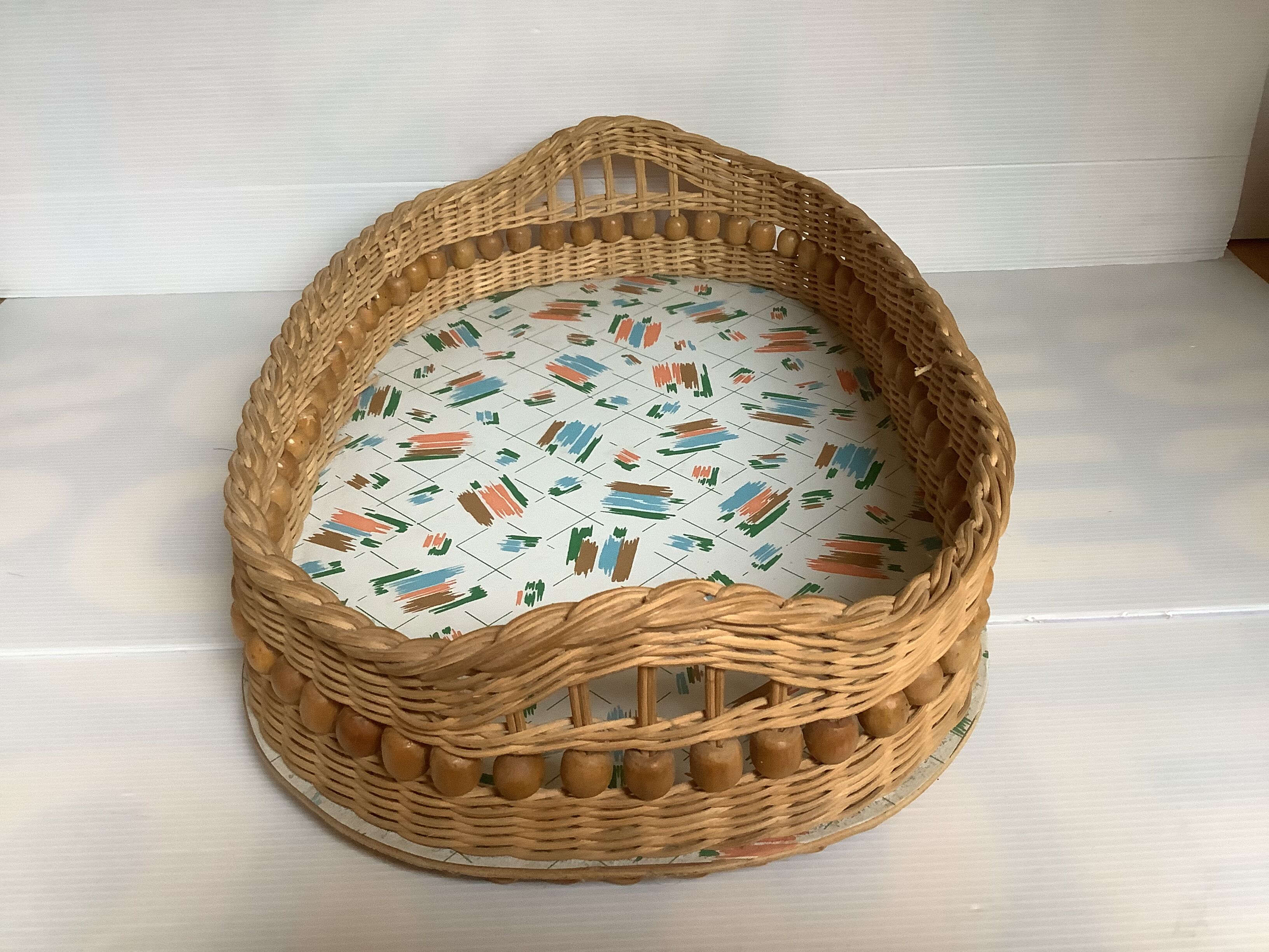 Old basket tray wicker rattan wooden beads