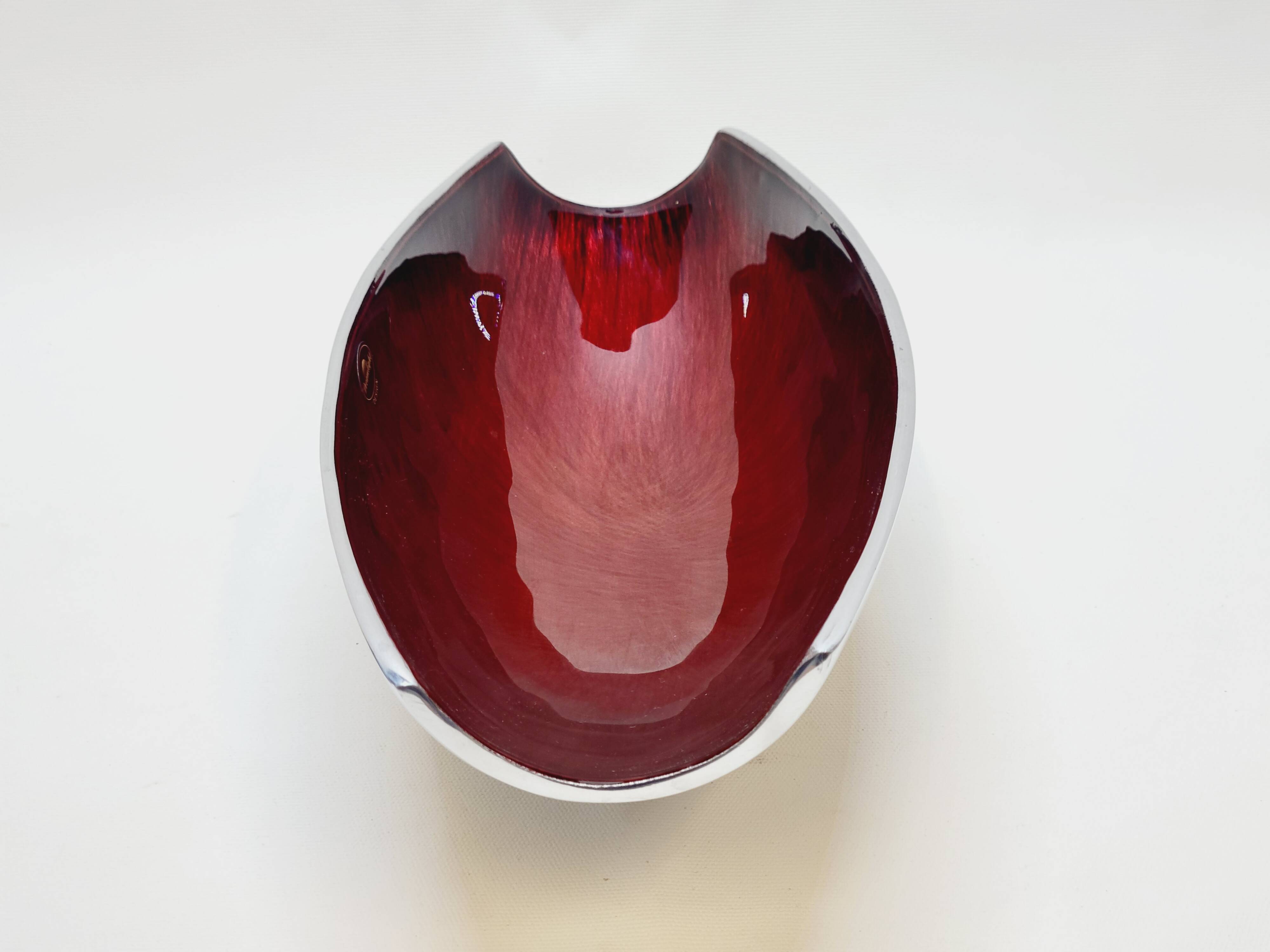 Designer bowl centerpiece in iridescent red enameled metal