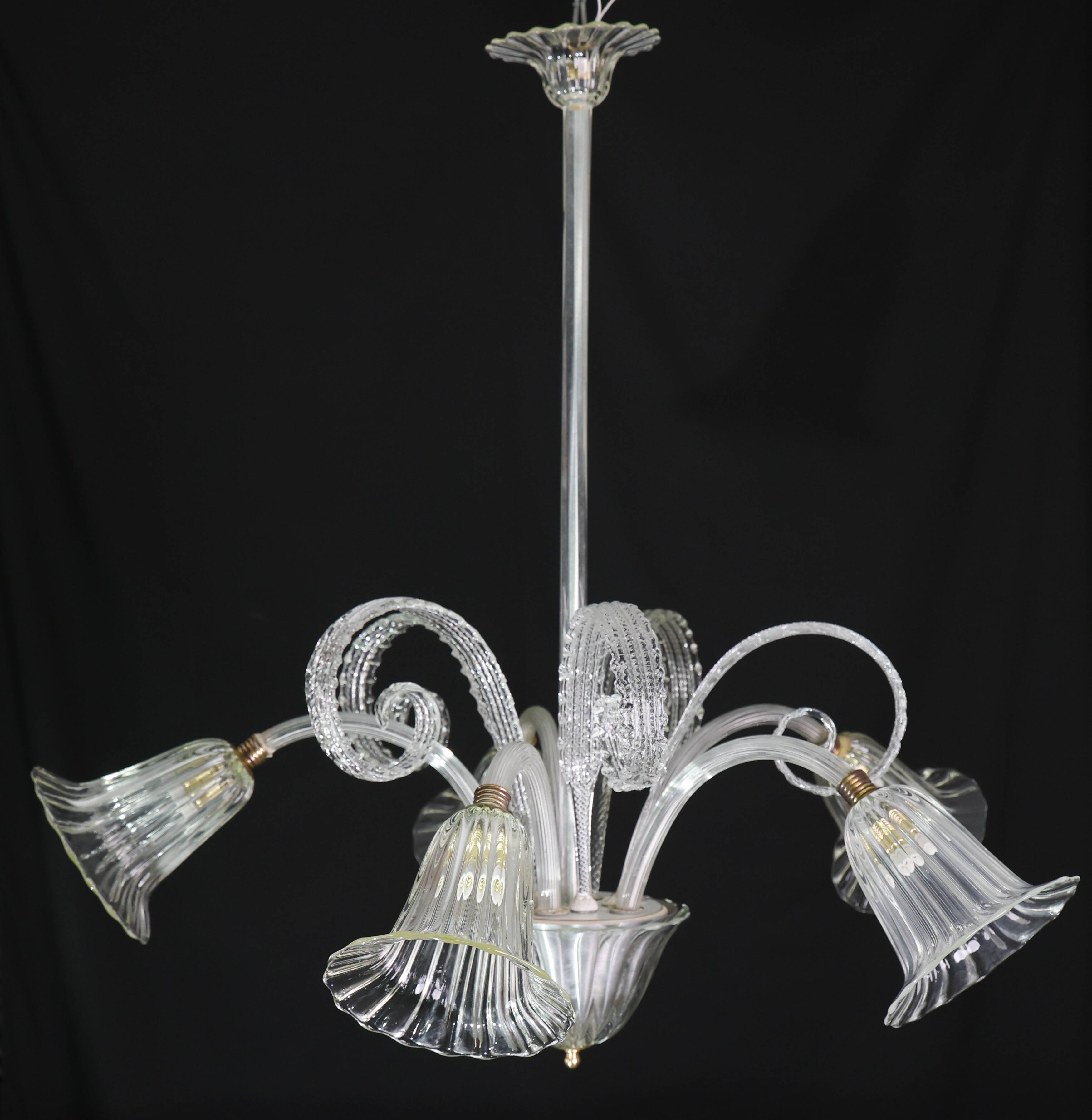 Amazing Art Decò Murano Glass Chandelier 5 Light, 1950