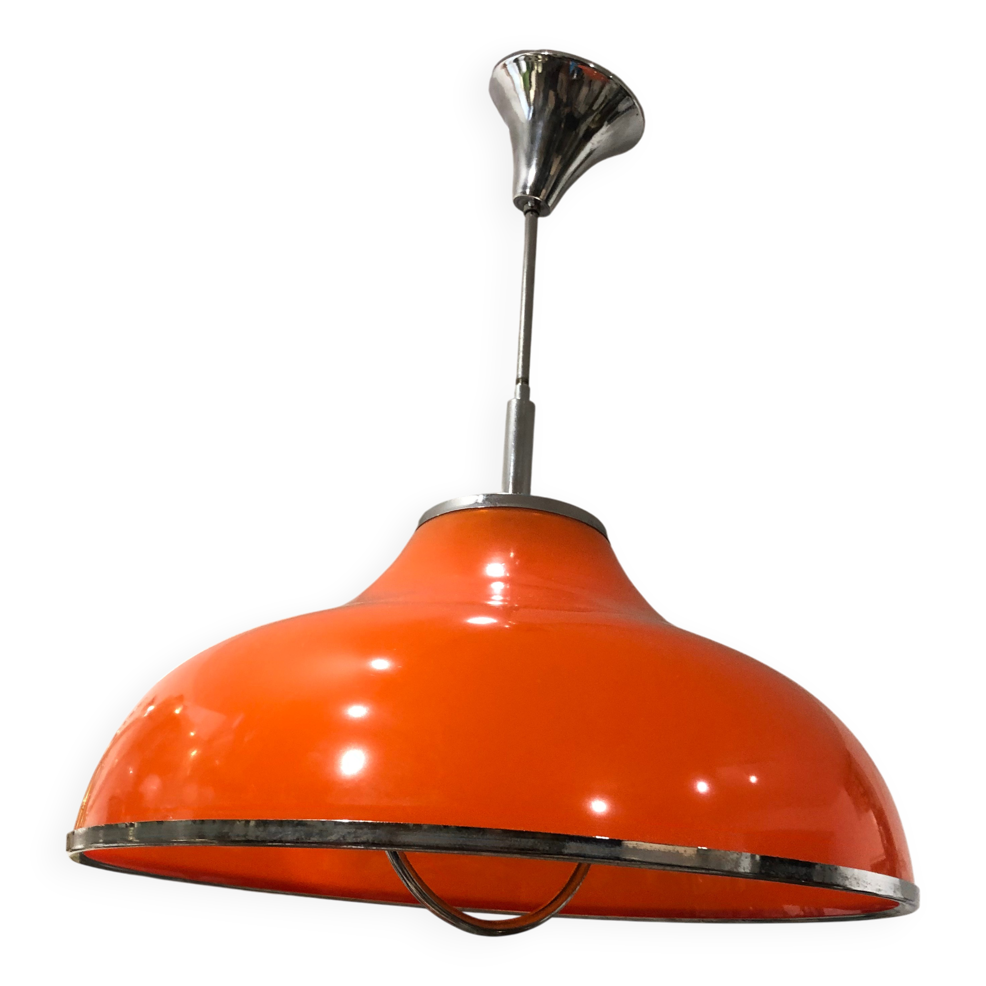 1960s Round Orange Chrome Pendant Light Guzzini style Bedroom Ceiling Lamp