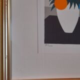 Original framed lithograph "Beautiful woman from the back facing the Mediterranean" by Maria Theresa Torres