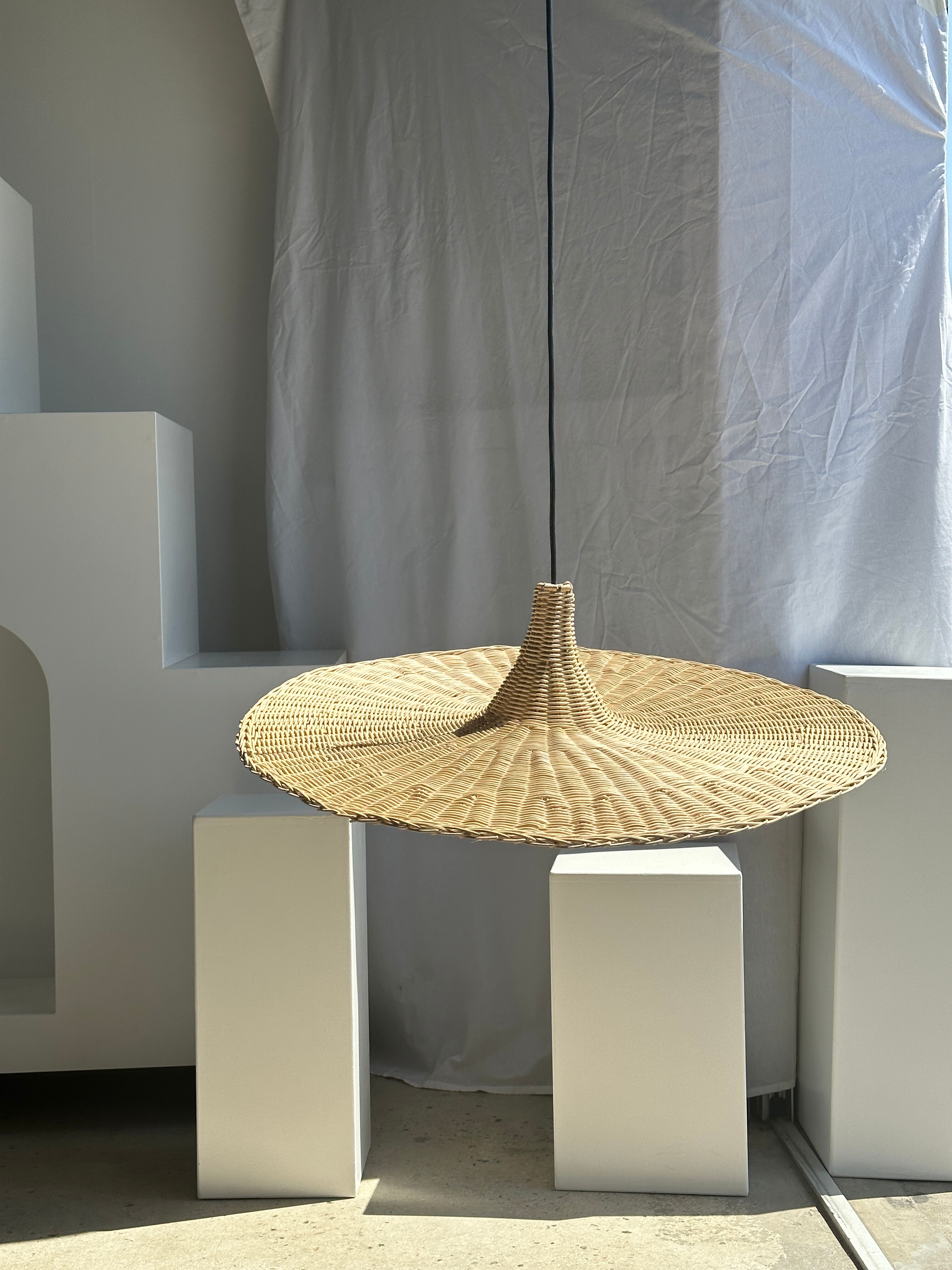 Large suspension, rattan luminaire in hat shape D:80cm