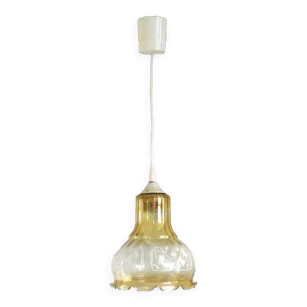 Français vintage signé Vianne plafonnier en verre ambré décoration florale 4523