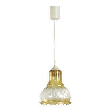 Français vintage signé Vianne plafonnier en verre ambré décoration florale 4523