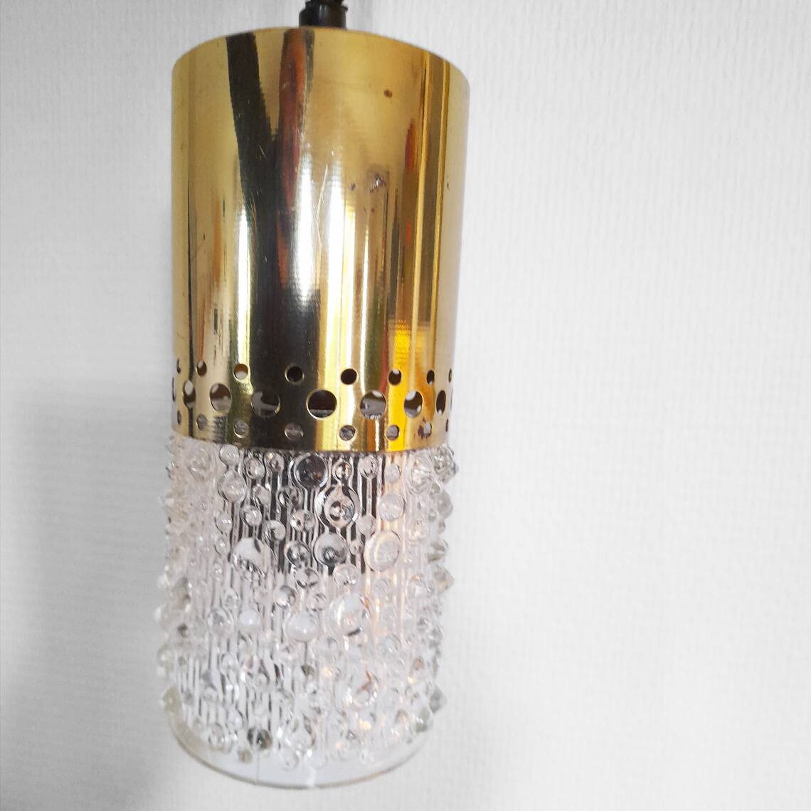 Pair of brass and bubble glass pendant lights by veb narva, 1970s