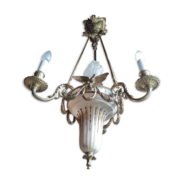 Lustre style Empire d'epoque Napoléon 3 bronze albâtre 4 feux